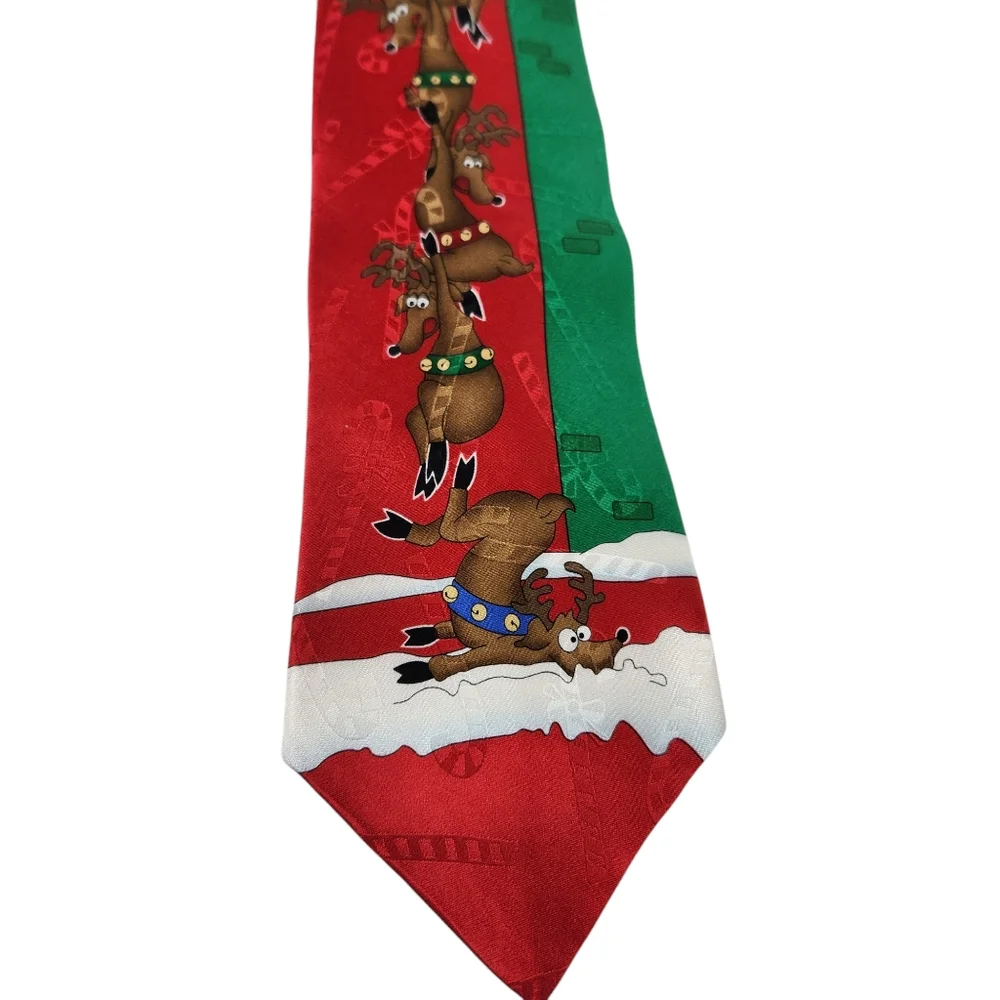 Hallmark Yule Tie Greetings Santa Claus Reindeer Tie Men's 100% Silk Christmas